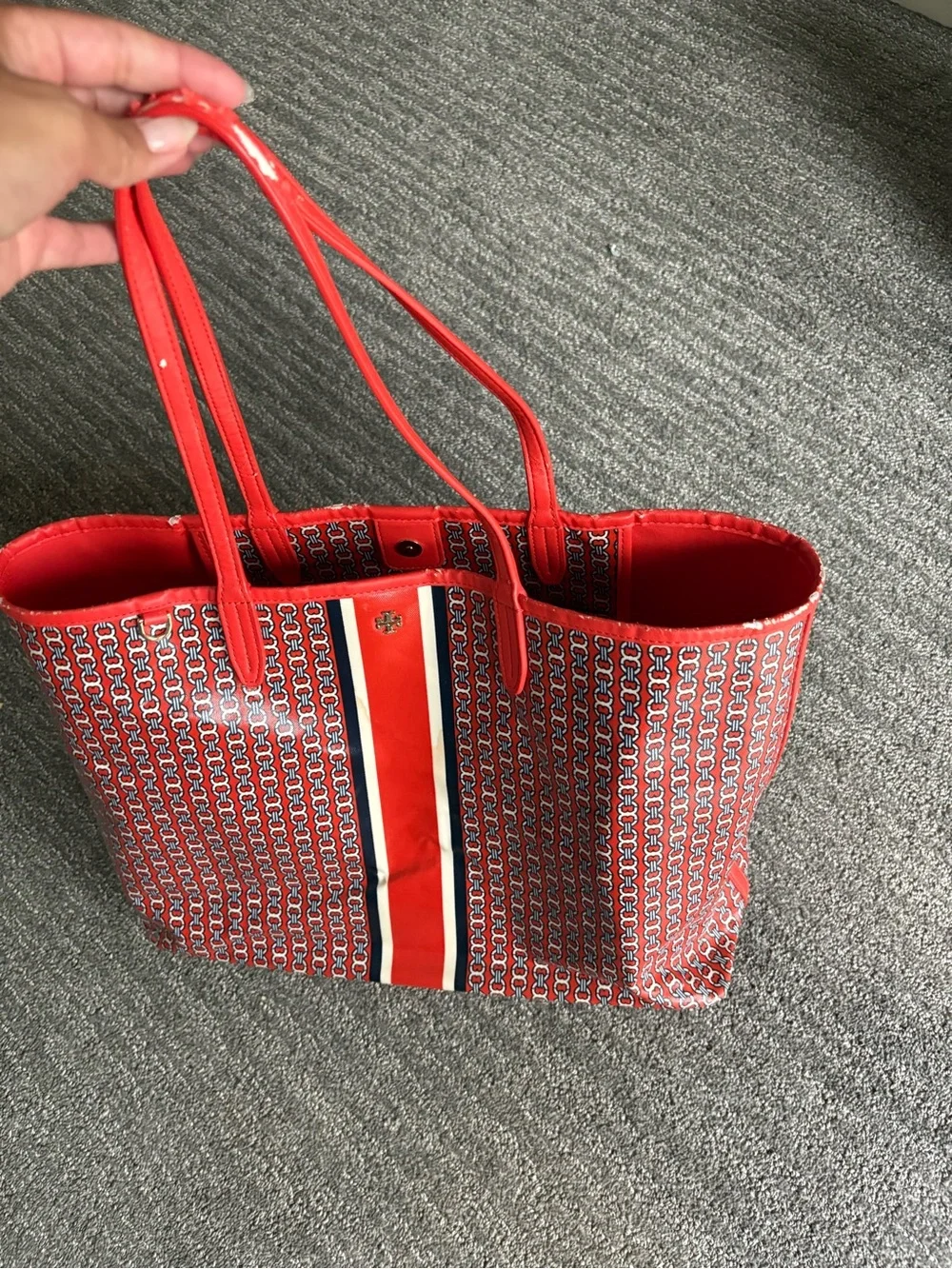 Tory Burch red Orange Gemini Link Canvas Open Top Large Tote Purse